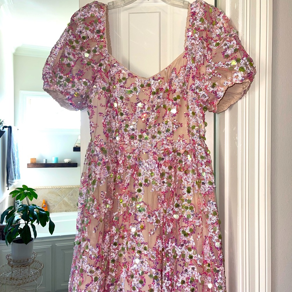 Pink, white, & green sequin cocktail dress